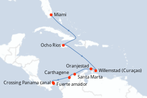 Carte itinéraire croisière États-Unis, Jamaïque, Aruba, Colombie, Panama - 10 jours au départ de Miami - Canal de Panama
