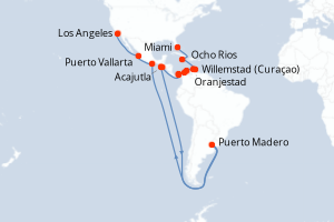 Carte itinéraire croisière États-Unis, Jamaïque, Aruba, Colombie, Panama, France, Guatemala, Argentine, Mexique - 21 jours au départ de Miami - Amérique du Nord