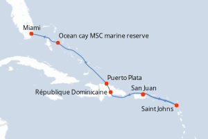 Carte itinéraire croisière Porto Rico, Antigua-et-Barbuda, République Dominicaine, Bahamas, États-Unis - 7 jours au départ de San Juan - Caraïbes Bahamas