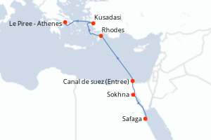 Carte itinéraire croisière Egypte, Grèce, Turquie - 7 jours au départ de Safaga - Mer Rouge Océan Indien