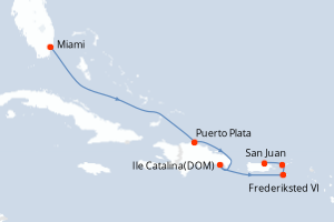 Carte itinéraire croisière États-Unis, République Dominicaine, Royaume-Uni, Porto Rico - 7 jours au départ de Miami - Caraïbes Bahamas