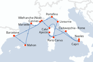 Carte itinéraire croisière Espagne, France, Italie - 14 jours au départ de Barcelone - Méditerranée