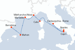 Carte itinéraire croisière Italie, France, Espagne - 7 jours au départ de Civitavecchia - Rome - Méditerranée