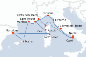 Carte itinéraire croisière Espagne, Italie, France - 14 jours au départ de Barcelone - Méditerranée