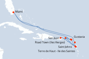 Carte itinéraire croisière États-Unis, Antigua-et-Barbuda, France, Pays-Bas, Porto Rico, Royaume-Uni - 14 jours au départ de Miami - Caraïbes Bahamas
