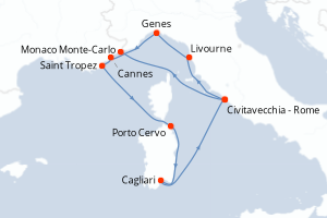 Carte itinéraire croisière Italie, France, Monaco - 9 jours au départ de Civitavecchia - Rome - Méditerranée