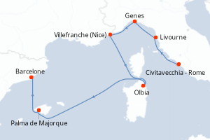 Carte itinéraire croisière Italie, France, Espagne - 7 jours au départ de Civitavecchia - Rome - Méditerranée