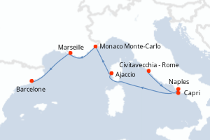 Carte itinéraire croisière Italie, France, Monaco, Espagne - 7 jours au départ de Civitavecchia - Rome - Méditerranée