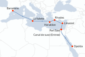 Carte itinéraire croisière Espagne, Malte, Grèce, Chypre, Egypte, Arabie Saoudite - 11 jours au départ de Barcelone - Mer Rouge Océan Indien