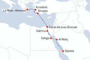 Carte itinéraire croisière Arabie Saoudite, Egypte, Grèce, Turquie - 10 jours au départ de Djedda - Mer Rouge Océan Indien