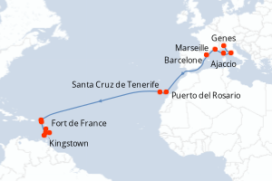 Carte itinéraire croisière Italie, France, Espagne, Pays-Bas, Royaume-Uni, Saint Vincent-et-les-Grenadines, Barbade, Grenade - 21 jours au départ de Genes - Transatlantique
