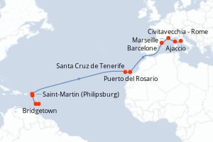 Carte itinéraire croisière Italie, France, Espagne, Pays-Bas, Royaume-Uni, Saint Vincent-et-les-Grenadines, Barbade - 17 jours au départ de Civitavecchia - Rome - Transatlantique