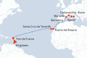 Carte itinéraire croisière Italie, France, Espagne, Pays-Bas, Royaume-Uni, Saint Vincent-et-les-Grenadines, Barbade, Grenade - 20 jours au départ de Civitavecchia - Rome - Transatlantique