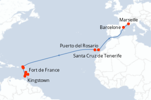 Carte itinéraire croisière Espagne, Pays-Bas, Royaume-Uni, Saint Vincent-et-les-Grenadines, Barbade, Grenade, France - 18 jours au départ de Marseille - Transatlantique