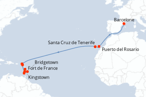 Carte itinéraire croisière Espagne, Pays-Bas, Royaume-Uni, Saint Vincent-et-les-Grenadines, Barbade, Grenade, France - 17 jours au départ de Barcelone - Transatlantique