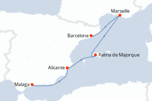 Carte itinéraire croisière Espagne, France - 4 jours au départ de Malaga - Méditerranée