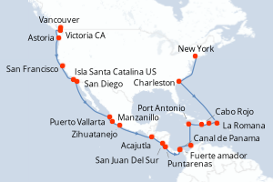 Carte itinéraire croisière Canada, États-Unis, Mexique, Salvador, Nicaragua, Costa Rica, Panama, Colombie, Jamaïque, République Dominicaine, Porto Rico - 32 jours au départ de Vancouver - Amérique du Nord