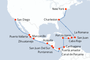 Carte itinéraire croisière États-Unis, Mexique, Salvador, Nicaragua, Costa Rica, Panama, Colombie, Jamaïque, République Dominicaine, Porto Rico - 25 jours au départ de San Diego - Amérique du Nord
