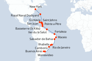 Carte itinéraire croisière États-Unis, Antigua-et-Barbuda, France, Porto Rico, Royaume-Uni, Sainte-Lucie, Trinité-et-Tobago, Brésil, Uruguay, Argentine - 30 jours au départ de New York - Amérique du Sud