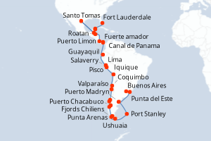 Carte itinéraire croisière Argentine, Uruguay, Îles Malouines, Chili, Pérou, Équateur, Panama, Costa Rica, Honduras, Belize, Mexique, États-Unis - 41 jours au départ de Buenos Aires - Caraïbes Bahamas