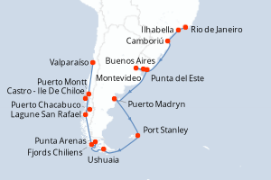 Carte itinéraire croisière Brésil, Uruguay, Argentine, Îles Malouines, Chili - 25 jours au départ de Rio de Janeiro - Amérique du Sud