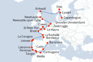 Carte itinéraire croisière Maroc, Espagne, Portugal, Royaume-Uni, France, Belgique, Pays-Bas, Norvège, Suède, Danemark - 29 jours au départ de Barcelone - Europe du Nord