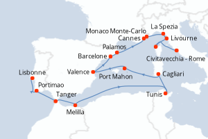 Carte itinéraire croisière Portugal, Maroc, Tunisie, Italie, Espagne, France, Monaco - 18 jours au départ de Lisbonne - Méditerranée