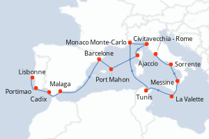 Carte itinéraire croisière Italie, Malte, Tunisie, Monaco, France, Espagne, Portugal - 17 jours au départ de Civitavecchia - Rome - Atlantique