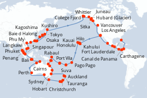 Carte itinéraire croisière WC Grand Circle Pacific - Ft. Lauderdal - 129 jours au départ de Fort Lauderdale - Tour du Monde