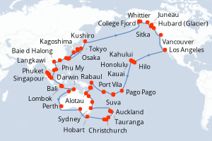 Carte itinéraire croisière World Cruise Grand Circle Pacific - Roun - 114 jours au départ de Los Angeles - Tour du Monde