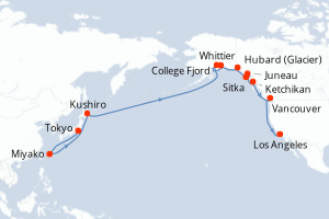 Carte itinéraire croisière NEW CRUISE - 22 jours au départ de Tokyo - Amérique du Nord