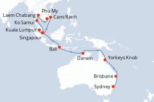 Carte itinéraire croisière Asia et Australia - 26 jours au départ de Singapour - Australie Nouvelle Zélande