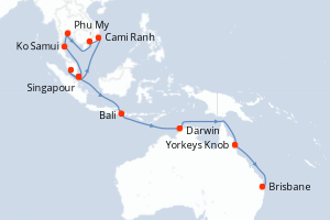 Carte itinéraire croisière Asia et Australia - 24 jours au départ de Singapour - Australie Nouvelle Zélande