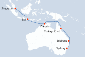 Carte itinéraire croisière Asia et Australia - 15 jours au départ de Singapour - Australie Nouvelle Zélande