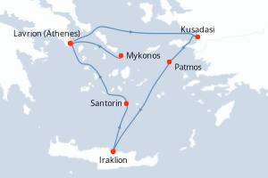Carte itinéraire croisière Turquie, Grèce - 3 jours au départ de Mykonos - Méditerranée