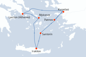 Carte itinéraire croisière Turquie, Grèce - 3 jours au départ de Patmos - Méditerranée