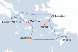Carte itinéraire croisière Turquie, Grèce - 4 jours au départ de Patmos - Méditerranée