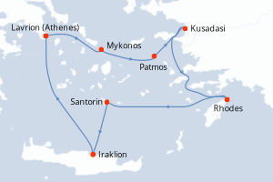 Carte itinéraire croisière Turquie, Grèce - 4 jours au départ de Lavrion (Athenes) - Méditerranée
