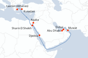 Carte itinéraire croisière Grèce, Turquie, Egypte, Jordanie, Arabie Saoudite, Oman, Emirats Arabes Unis - 14 jours au départ de Lavrion (Athenes) - Moyen-Orient Dubaï