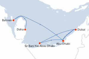 Carte itinéraire croisière Emirats Arabes Unis, Bahrein, Qatar - 7 jours au départ de Abu Dhabi - Mer Rouge Océan Indien
