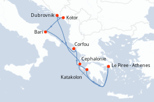Carte itinéraire croisière Croatie, Monténégro, Italie, Grèce - 7 jours au départ de Le Piree - Athenes - Méditerranée