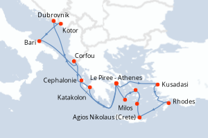 Carte itinéraire croisière Croatie, Monténégro, Italie, Turquie, Grèce - 14 jours au départ de Le Piree - Athenes - Méditerranée