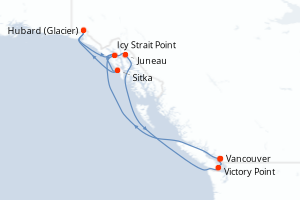 Carte itinéraire croisière États-Unis, Canada - 9 jours au départ de Vancouver - Alaska
