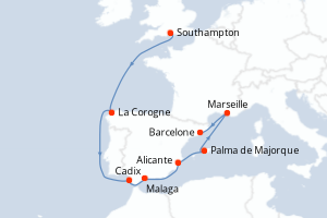 Carte itinéraire croisière Royaume-Uni, Espagne, France - 9 jours au départ de Southampton - Méditerranée