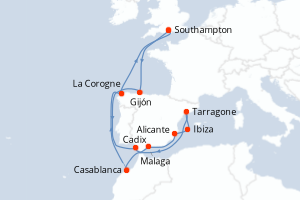 Carte itinéraire croisière Royaume-Uni, Espagne, Maroc - 14 jours au départ de Southampton - Europe du Nord