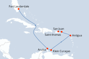 Carte itinéraire croisière Vacaciones en el Caribe Sur - 8 jours au départ de Fort Lauderdale - Caraïbes Bahamas