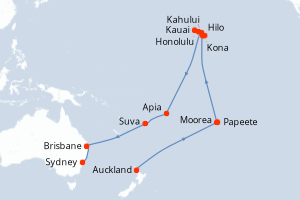 Carte itinéraire croisière Tahití, Hawái y el Pacífico Sur - 31 jours au départ de Auckland - Australie Nouvelle Zélande
