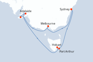 Carte itinéraire croisière Explorador del sur de Australia - 11 jours au départ de Sydney - Australie Nouvelle Zélande