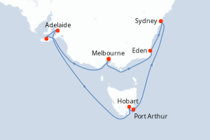 Carte itinéraire croisière Explorador del sur de Australia - 13 jours au départ de Melbourne - Australie Nouvelle Zélande