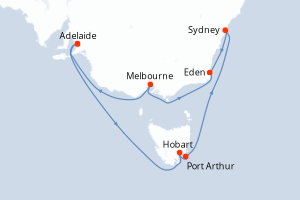 Carte itinéraire croisière Explorador del sur de Australia - 12 jours au départ de Adelaide - Australie Nouvelle Zélande